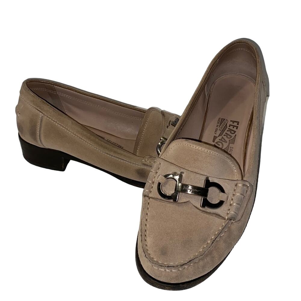 Salvatore Ferragamo Beige Suede Horsebit Loafers 7.5